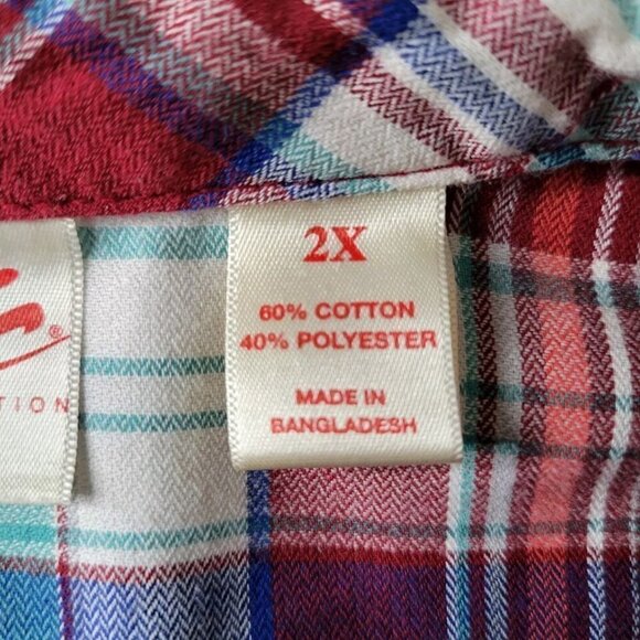 Chic Plaid Blouse Size 2X Button Front Sleeve Slit and Cuff Red Blue Vintage Y2K - Picture 10 of 15